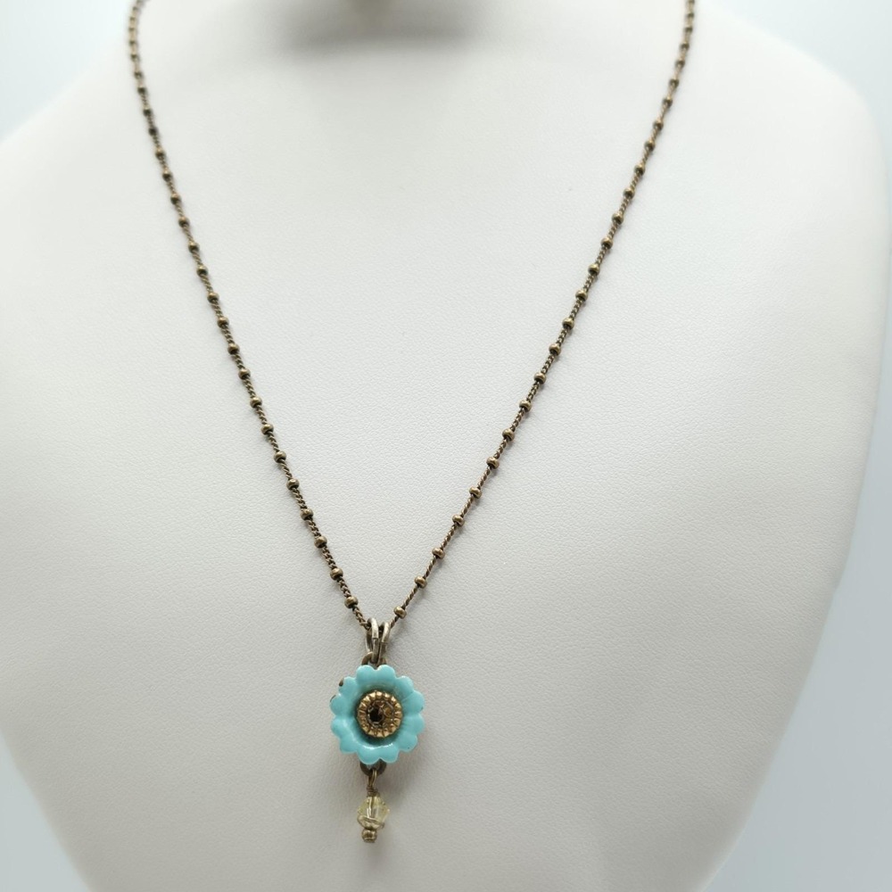 MICHAL GOLAN Hibiscus Necklace SWAROVSKI Crystal‎ Aqua Ceramic Flower Brass 21"